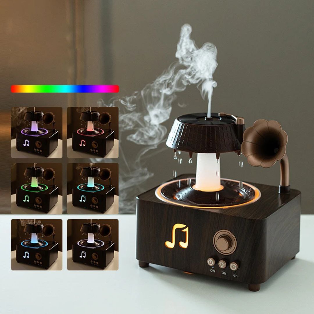 اسپیکر بلوتوث طرح گرامافون باران‌زا مدل V98 با بخور سرد و چراغ خواب رنگی