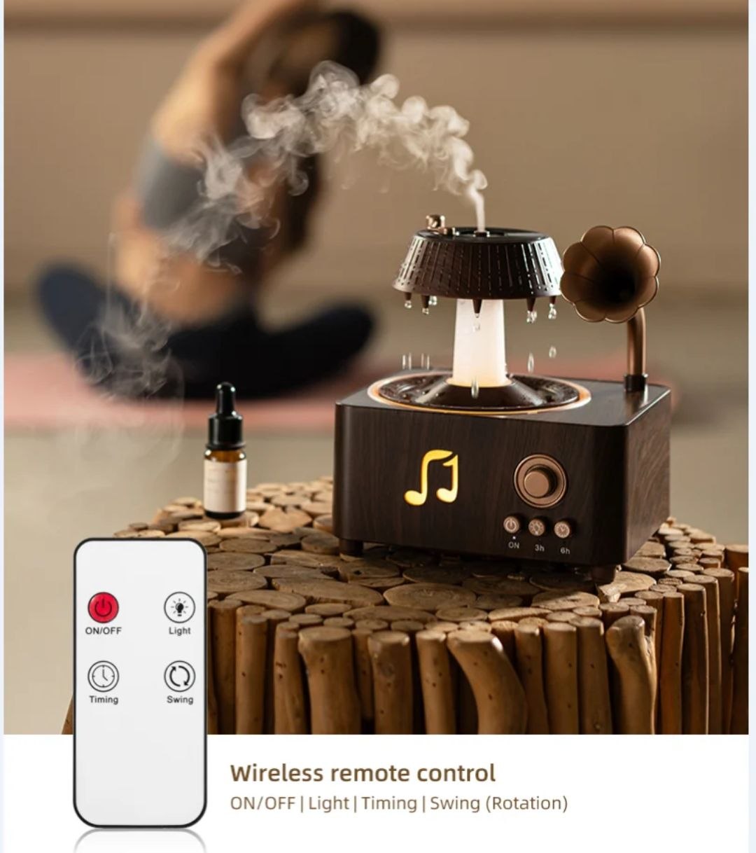 اسپیکر بلوتوث طرح گرامافون باران‌زا مدل V98 با بخور سرد و چراغ خواب رنگی